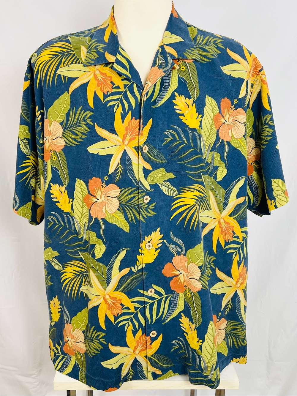 Tommy Bahama Blue Tropical Floral Camp Shirt with Yellow & Orange Accents